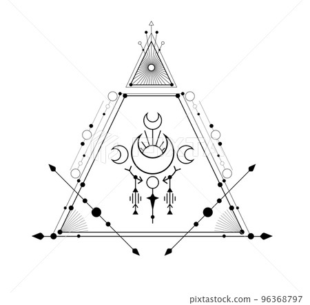 Mystical geometric monochrome illustration. Vector image with occult symbols with stars and crescent. Sacral contour clip art Mystical geometric monochrome illustration. Vector image with occult symbols with stars and crescent. Sacral contour clip art 96368797
