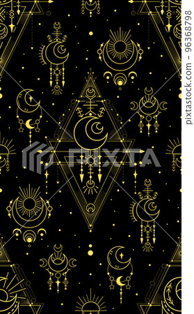 Vector rich texture with golden occult symbols with stars and crescent on black background. Mystical luxury geometric pattern. Vector rich texture with golden occult symbols with stars and crescent on black background. Mystical luxury geometric pattern. 96368798