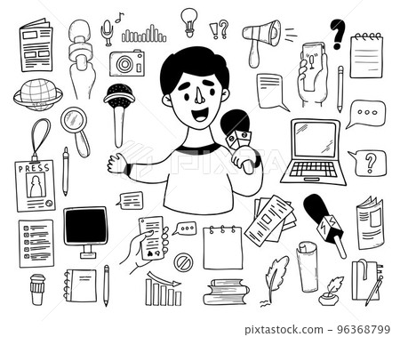 collection journalism vector doodles. Male journalist reporter presenter with microphone, hands with voice recorder, broadcast recording, laptop, newspaper and messages. Isolated linear hand drawns collection journalism vector doodles. Male journalist reporter presenter with microphone, hands with voice recorder, broadcast recording, laptop, newspaper and messages. Isolated linear hand drawns 96368799