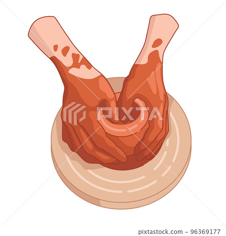 Masters hands work with red clay on potters wheel. Vector realistic illustration Masters hands work with red clay on potters wheel. Vector realistic illustration 96369177