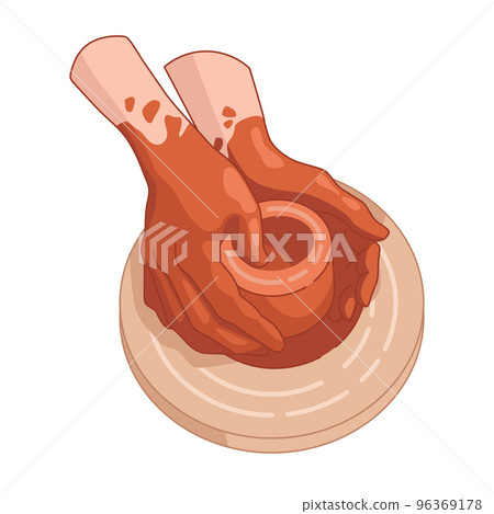 Work by hand on potters wheel with red clay. Vector realistic illustration 96369178