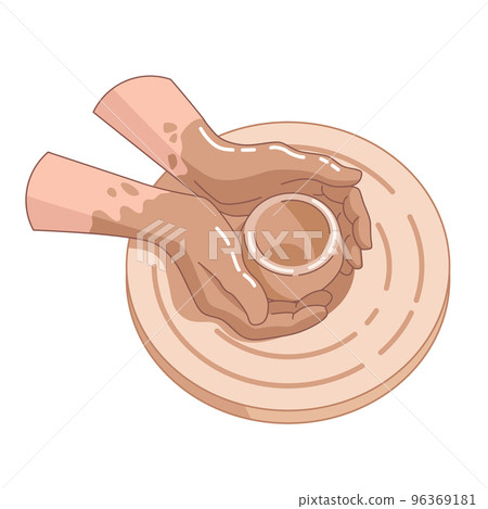 Realistic hand vector illustration. Working with clay on a potters wheel 96369181