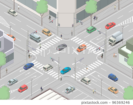 Image of a traffic light intersection drawn using isometric projection [F] (urban area-01_light color type) 96369246