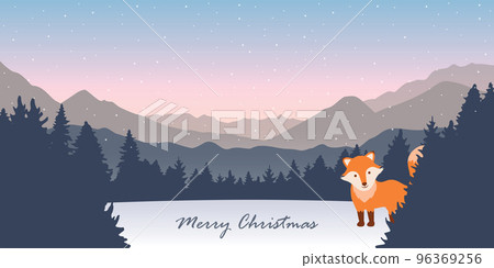 cute fox on snowy mountain and forest winter nature landscape cute fox on snowy mountain and forest winter nature landscape 96369256