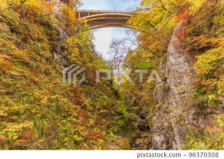 (Miyagi Prefecture) Looking up at Ofukasawa Bridge from the promenade at Naruko Gorge in peak autumn foliage season (Miyagi Prefecture) Looking up at Ofukasawa Bridge from the promenade at Naruko Gorge in peak autumn foliage season 96370308