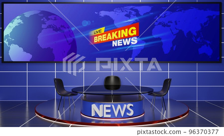 glass table and chairs on stand  with led screen background in the news studio room.3d rendering. 96370377