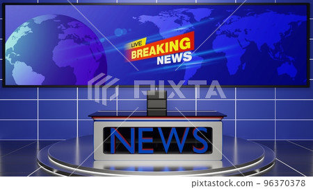 glass table and chairs on stand with led screen background in the news studio room.3d rendering. glass table and chairs on stand with led screen background in the news studio room.3d rendering. 96370378