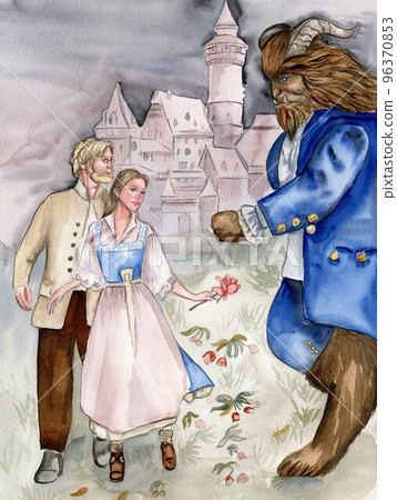 Watercolor hand drawn romantic fairy tale story with girl, the beast, rose. Perfect for wedding, invitations, blogs, template card, birthday, baby and bridal shower, logos, for greeting cards. 96370853