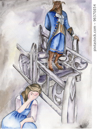 Watercolor hand drawn romantic fairy tale story with girl, the beast, rose. Perfect for wedding, invitations, blogs, template card, birthday, baby and bridal shower, logos, for greeting cards. Watercolor hand drawn romantic fairy tale story with girl, the beast, rose. Perfect for wedding, invitations, blogs, template card, birthday, baby and bridal shower, logos, for greeting cards. 96370854