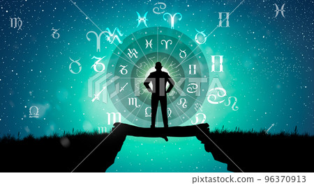Astrological zodiac signs inside of horoscope circle. Illustration of Man silhouette consulting the stars and moon over the zodiac wheel and milky way background. The power of the universe concept. Astrological zodiac signs inside of horoscope circle. Illustration of Man silhouette consulting the stars and moon over the zodiac wheel and milky way background. The power of the universe concept. 96370913