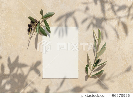 Blank card on concrete table with olive tree branches and hard shadows, wedding mockup 96370936