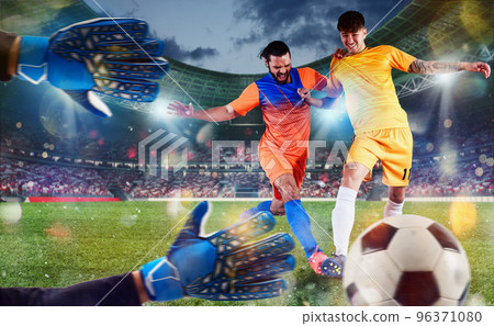 Football scene with soccer players and goalkeeper at the stadium Football scene with soccer players and goalkeeper at the stadium 96371080