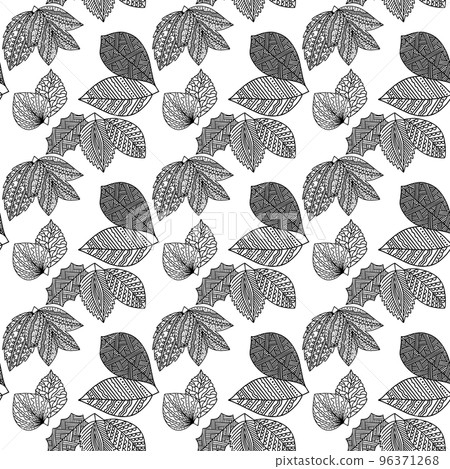 Seamless pattern of hand-drawn plant branches and leaves. Vector floral doodle style for background, textile, design. Seamless pattern of hand-drawn plant branches and leaves. Vector floral doodle style for background, textile, design. 96371268