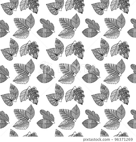 Seamless pattern of hand-drawn plant branches and leaves. Vector floral doodle style for background, textile, design. 96371269