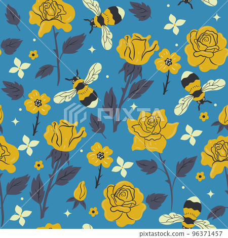 Seamless pattern with bumblebees and yellow roses. Vector graphics. Seamless pattern with bumblebees and yellow roses. Vector graphics. 96371457