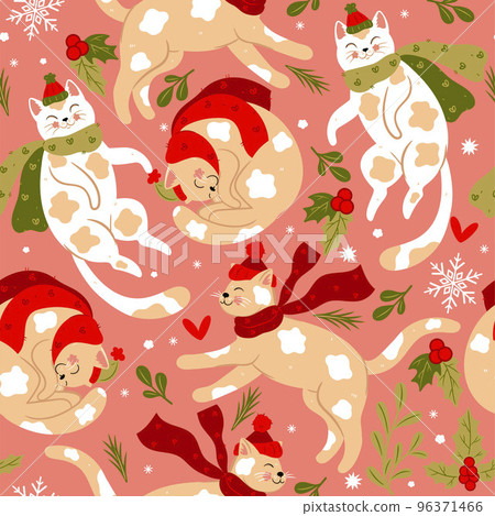 Seamless pattern with cute Christmas cats in...-插圖素材 [96371466] - PIXTA圖庫