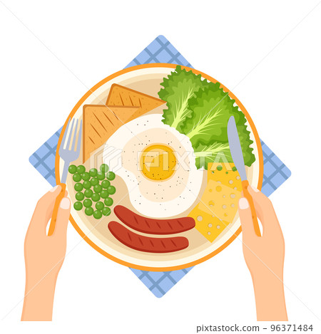 Hands holding fork and knife. Plate with fried egg, peas, sausages, greens, cheese and bread, vector illustration Hands holding fork and knife. Plate with fried egg, peas, sausages, greens, cheese and bread, vector illustration 96371484