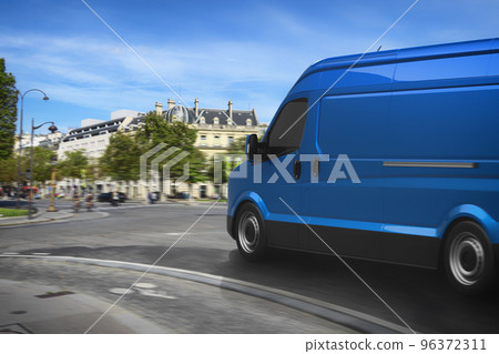 Transportation service with a blue van moving fast on the road Transportation service with a blue van moving fast on the road 96372311