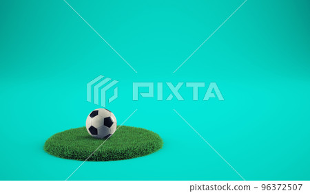 Soccer ball on a grassy plate with cyan background Soccer ball on a grassy plate with cyan background 96372507