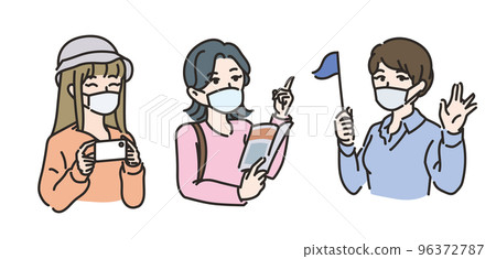 Tourists and tour guides wearing masks 96372787