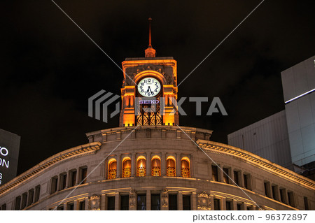 Cityscape of Tokyo, Japan Seiko House Ginza where the clock tower is lit up in orange = November 16 Cityscape of Tokyo, Japan Seiko House Ginza where the clock tower is lit up in orange = November 16 96372897