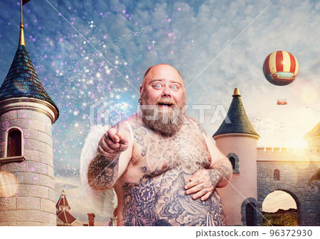 Fat angel with magic wand makes a spell Fat angel with magic wand makes a spell 96372930