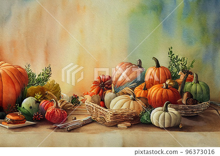 Happy Thanksgiving text with pumpkins and leaves. Watercolor background Happy Thanksgiving text with pumpkins and leaves. Watercolor background 96373016