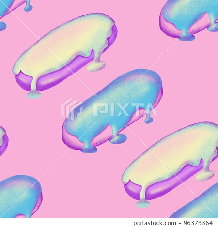 Hand drawn seamless pattern with french eclair cupcake pastry bakery baking food. Pastel blue pink purple sweet tasty candy dreamy dessert design, trendy holographic birthday party background. Hand drawn seamless pattern with french eclair cupcake pastry bakery baking food. Pastel blue pink purple sweet tasty candy dreamy dessert design, trendy holographic birthday party background. 96373364
