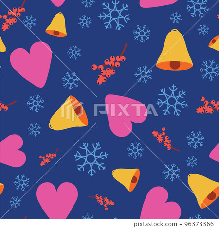 Colourful seamless pattern with Christmas symbols, snowflake, bell, heart, winterberry on dark blue background. Colourful seamless pattern with Christmas symbols, snowflake, bell, heart, winterberry on dark blue background. 96373366
