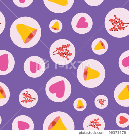 Christmas symbols in colourful bubbles on lilac background. Christmas and new year seamless pattern. 96373376