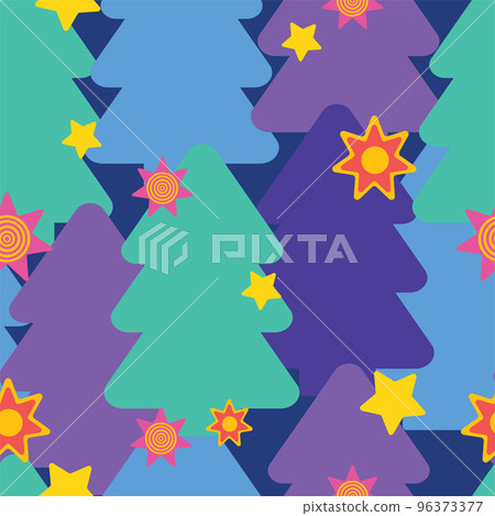 Colourful fir or pine tree pattern decorated with stars. Christmas and new year seamless pattern. Colourful fir or pine tree pattern decorated with stars. Christmas and new year seamless pattern. 96373377