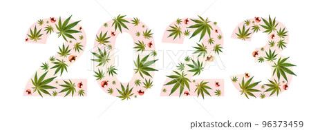 Numeral 2023 from the leaves of marijuana, cannabis on a white background 96373459