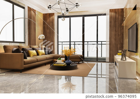 3d rendering luxury and modern living room with leather sofa 96374095