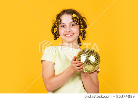 Party Elements. curly girl love music. childhood happiness. retro disco party. pin-up girl with curlers and disco ball. Little beautiful girl ready for party. time to relax. small girl want to dance Party Elements. curly girl love music. childhood happiness. retro disco party. pin-up girl with curlers and disco ball. Little beautiful girl ready for party. time to relax. small girl want to dance 96374889