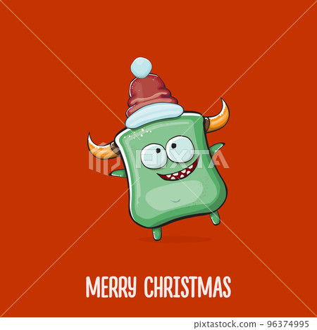 Vector cartoon funky green monster with Santa Claus red hat isolated on red background. Funny and cute Childrens Merry Christmas greeting card with funny green monster elf Santa Claus character. Vector cartoon funky green monster with Santa Claus red hat isolated on red background. Funny and cute Childrens Merry Christmas greeting card with funny green monster elf Santa Claus character. 96374995