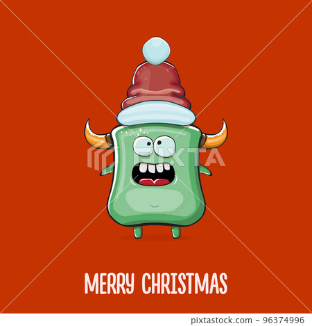 Vector cartoon funky green monster with Santa Claus red hat isolated on red background. Funny and cute Childrens Merry Christmas greeting card with funny green monster elf Santa Claus character. 96374996