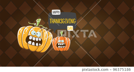 Funny Thanksgiving day horizontal banner with vector funny cartoon cute smiling friends pumpkins isolated on brown background. Thanksgiving day cute banner and label design template with pumpkins 96375186