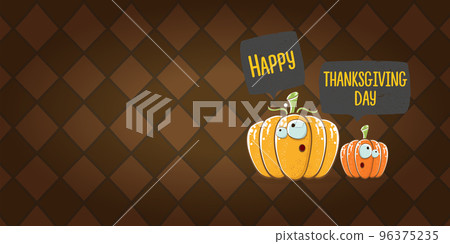 Funny Thanksgiving day horizontal banner with vector funny cartoon cute smiling friends pumpkins isolated on brown background. Thanksgiving day cute banner and label design template with pumpkins Funny Thanksgiving day horizontal banner with vector funny cartoon cute smiling friends pumpkins isolated on brown background. Thanksgiving day cute banner and label design template with pumpkins 96375235