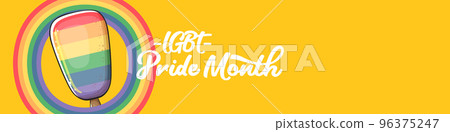 Happy pride month wide horizontal banner with pride color flag ice cream isolated on orange background. LGBT Pride month or pride day poster, invitation party card with popsicle 96375247