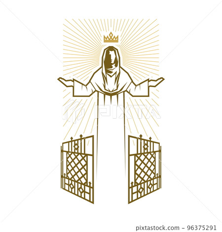 Christian illustration. Silhouette of king Jesus Christ in God's kingdom. Christian illustration. Silhouette of king Jesus Christ in God's kingdom. 96375291