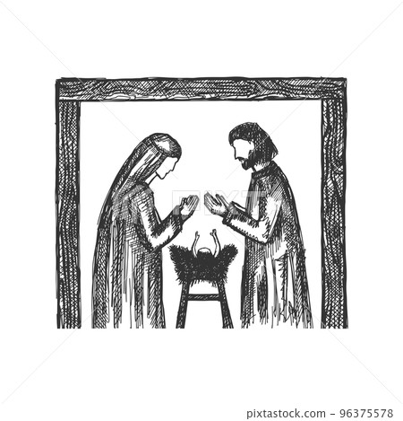 A drawing of a nativity scene. Joseph and Mary with little Jesus in a stable, a cave. A drawing of a nativity scene. Joseph and Mary with little Jesus in a stable, a cave. 96375578