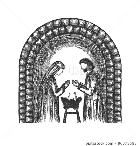 A drawing of a nativity scene. Joseph and Mary with little Jesus in a stable, a cave. A drawing of a nativity scene. Joseph and Mary with little Jesus in a stable, a cave. 96375585