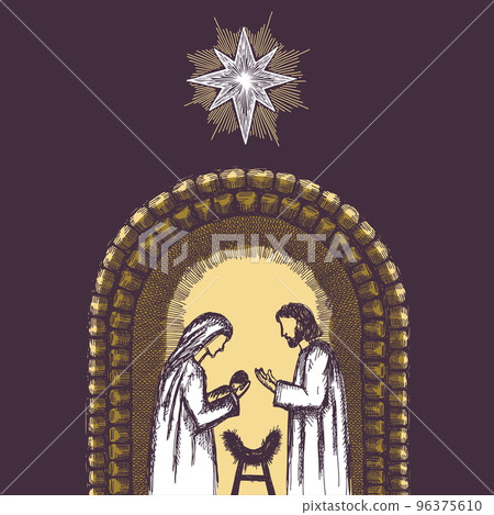 A drawing of a nativity scene. Joseph and Mary with little Jesus in a stable, a cave. 96375610