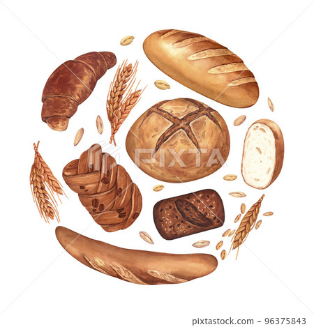 Watercolor frame bread, buns, baguettes, wheat and other baked goods. Concept for a bakery or cafe. Background for your design: restaurant menu element, recipe cooking book. Watercolor frame bread, buns, baguettes, wheat and other baked goods. Concept for a bakery or cafe. Background for your design: restaurant menu element, recipe cooking book. 96375843