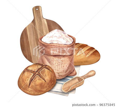 Watercolor banner for bakery and pastry shop bread. Rye bread, flour, wheat baguette and cutting board. Background for your design: restaurant menu element, recipe cooking book. 96375845