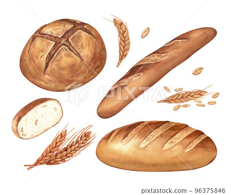 Watercolor set bread, buns, baguettes, wheat and other baked goods. Concept for a bakery or cafe. Background for your design: restaurant menu element, recipe cooking book. 96375846