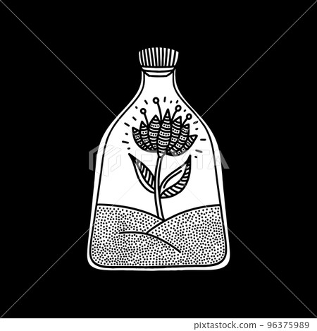 Doodle style illustration. A magic flower inside the bottle, hand-drawn. Doodle style illustration. A magic flower inside the bottle, hand-drawn. 96375989