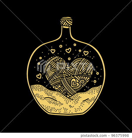 Doodle style illustration. A heart inside the bottle, a design element. Doodle style illustration. A heart inside the bottle, a design element. 96375998
