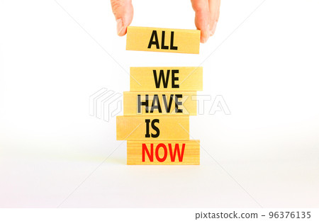 All we have is now symbol. Concept words All we have is now on wooden blocks. Businessman hand. Beautiful white table white background. Business, motivational all we have is now concept. Copy space. 96376135