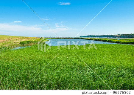 Estuary lake, reeds and blue sky. Estuary lake, reeds and blue sky. 96376502